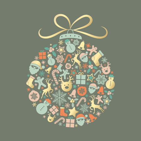 Colourful Christmas ball with decorations and greeting. Vector.のイラスト素材