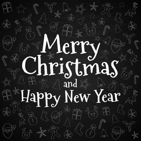 Merry Christmas - card with different hand drawn elements and greetings. Vector. のイラスト素材