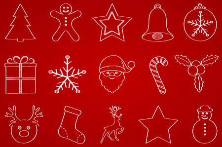 Collection of hand drawn Christmas ornaments on red background. Vector.のイラスト素材