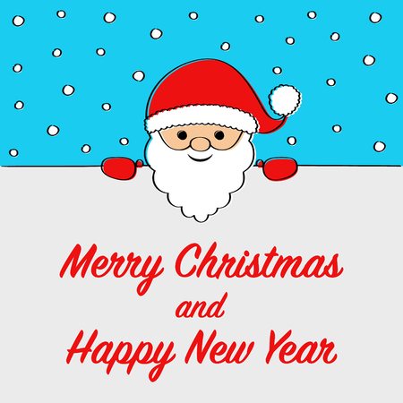 Christmas card with cartoon Santa Claus on background with snowflakes and greetings. Vector.のイラスト素材