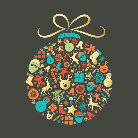 Christmas ball made of colourful decorations with wishes. Vector.のイラスト素材