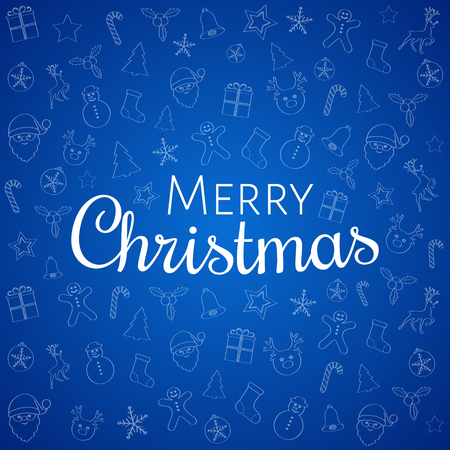 Christmas greetings on background with hand drawn decorations. Vector.のイラスト素材