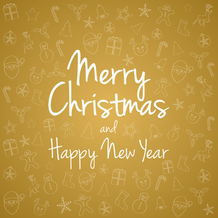 Christmas greetings on background with hand drawn decorations. Vector.のイラスト素材