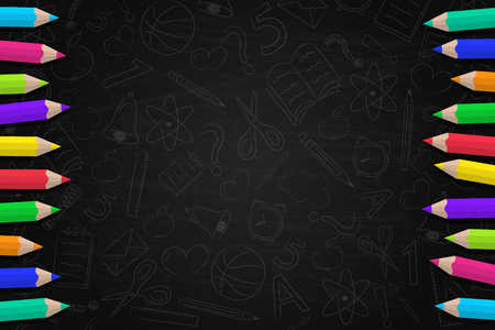 School background with scribbles and coloured pencils. Vector.のイラスト素材