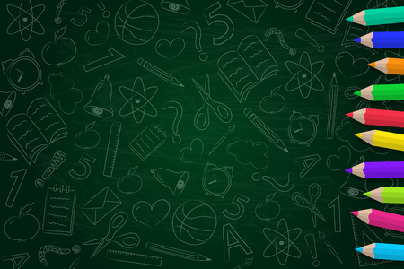 School background with scribbles and coloured pencils. Vector.のイラスト素材