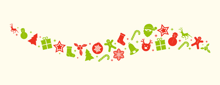 Panoramic Christmas header with red and green icons. Vector.のイラスト素材
