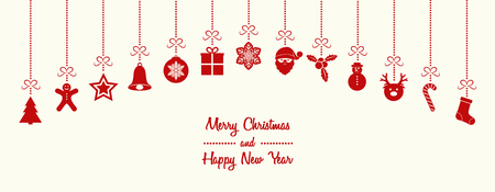 Design of Christmas card with wishes and hanging decorations. Vector.のイラスト素材
