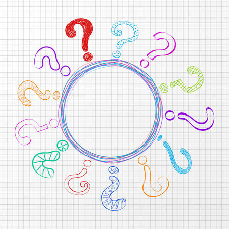 Poster with hand drawn question marks on white checked paper. Vector.のイラスト素材