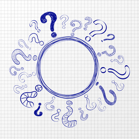 Poster with hand drawn question marks on white checked paper. Vector.のイラスト素材