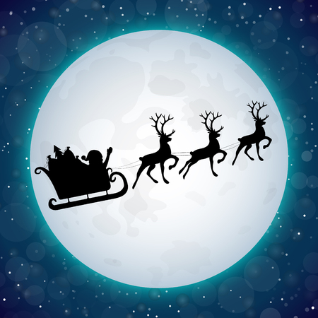 Silhouette of Santa Claus on background with full moon and snowflakes. Vector.のイラスト素材