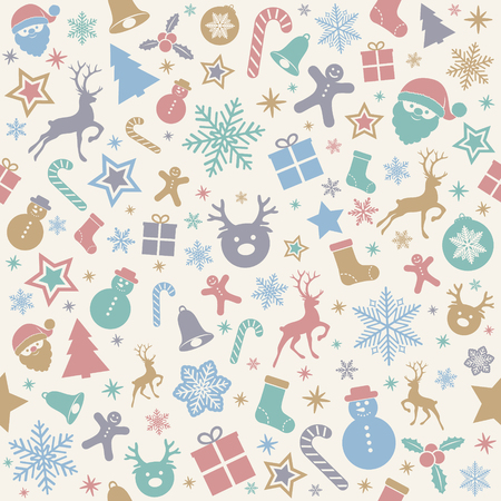 Seamless Christmas pattern with pastel coloured decoration. Vector. のイラスト素材