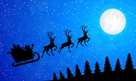 Beautiful Christmas landscape with silhouette of Santa Claus with presents and reindeer. Vector.のイラスト素材
