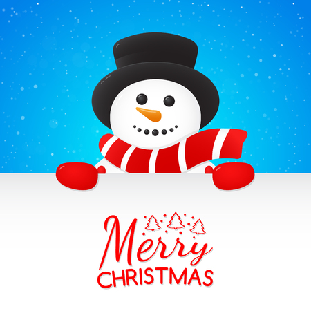 Happy Snowman holding a card with Christmas wishes on background with snowflakes. Vector.のイラスト素材