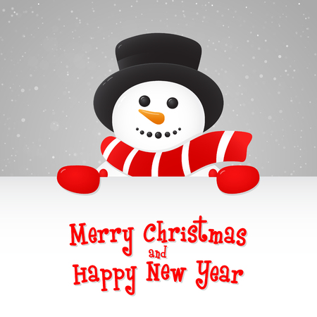 Happy Snowman holding a card with Christmas wishes on background with snowflakes. Vector.のイラスト素材