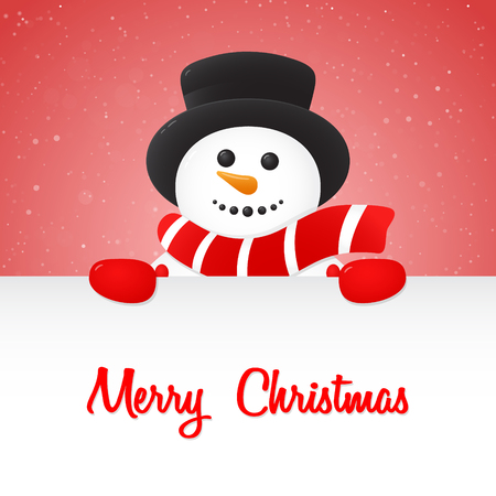 Happy Snowman holding a card with Christmas wishes on background with snowflakes. Vector.のイラスト素材
