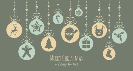 Hanging Christmas balls with icons and wishes. Vector.のイラスト素材