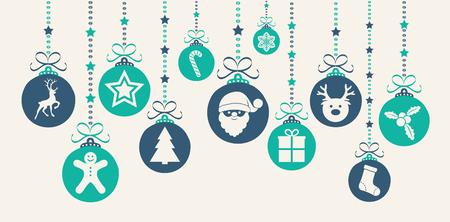 Hanging Christmas balls with icons and wishes. Vector.のイラスト素材