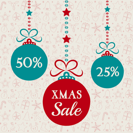Hanging Christmas balls on background with decorations - Xmas Sale banner.のイラスト素材