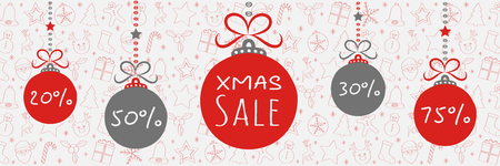 Hanging Christmas balls on background with decorations - Xmas Sale banner.のイラスト素材