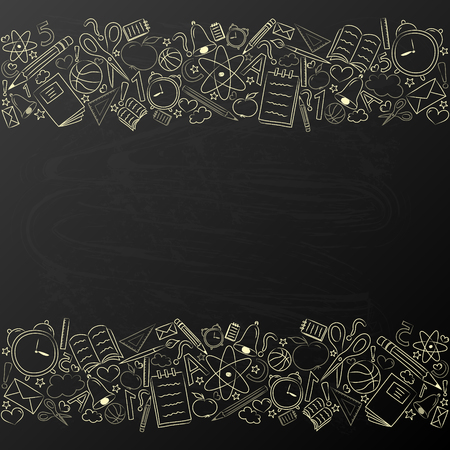 School background with hand drawn accessories on blackboard. Vector.のイラスト素材