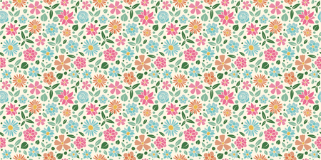 Seamless pattern with hand drawn flowers in retro style. Mother's Day, Woman's Day and Valentine's Day. Vector.のイラスト素材