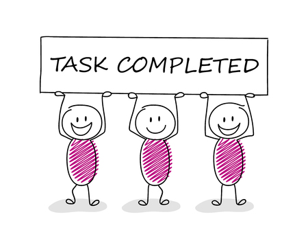 Funny stickman holding a banner with slogan: task completed. Vector.のイラスト素材