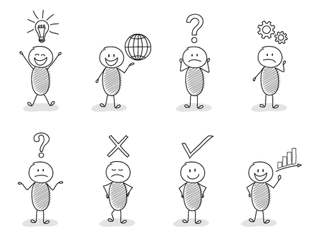 Collection of stickmen with different facial expressions and business icons. Vector.のイラスト素材
