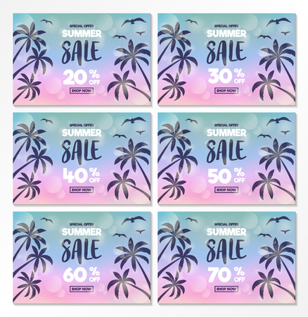 Summer Sale - set of flyers with tropical palms. Vector.のイラスト素材