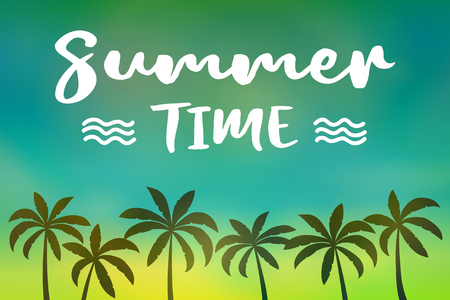 Summer paradise with palm trees - colourful banner with typography. Vector.のイラスト素材