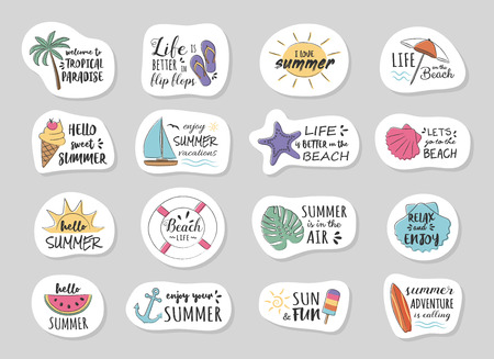 Collection of summer stickers with funny text. Vector.のイラスト素材