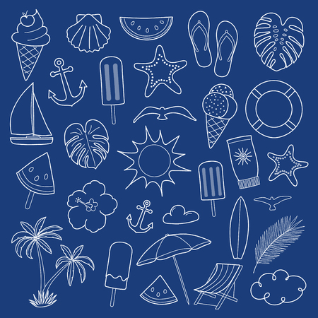 Big set of different hand drawn summer elements. Vector.のイラスト素材