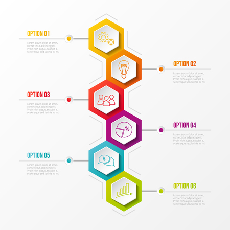 Template of infographic with colourful hexagonal icons. Vector.のイラスト素材