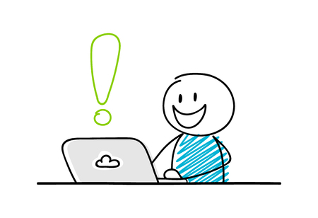 Funny stickman working on laptop - concept with exclamation point icon. Vector.のイラスト素材