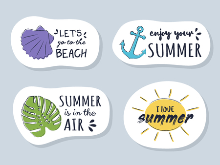 Multicoloured summer stickers with funny text. Vector.のイラスト素材