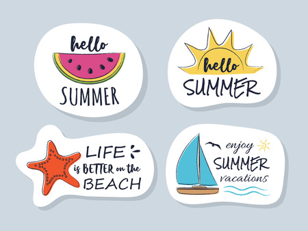 Multicoloured summer stickers with funny text. Vector.のイラスト素材