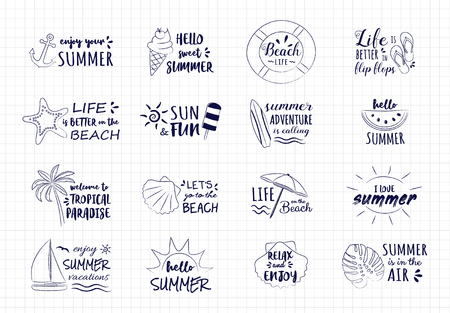 Hand drawn summer icons - big collection with funny text. Vector.のイラスト素材