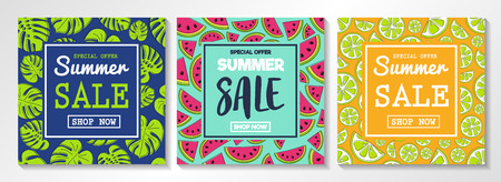 Collection of flyers for Summer Sales. Concept with watermelons, citrus fruits and tropical leaves. Vector.のイラスト素材