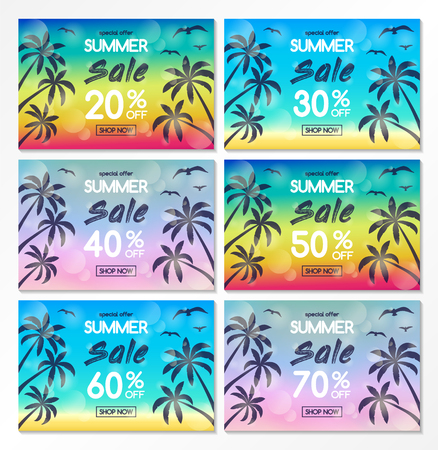 Summer Sale - collection of colourful banners with tropical palms. Vector.のイラスト素材