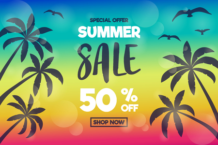 Summer Sale - concept of banner with tropical palms. Vector.のイラスト素材