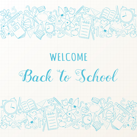 School background with hand drawn accessories and text "Welcome back to school". Vector.のイラスト素材