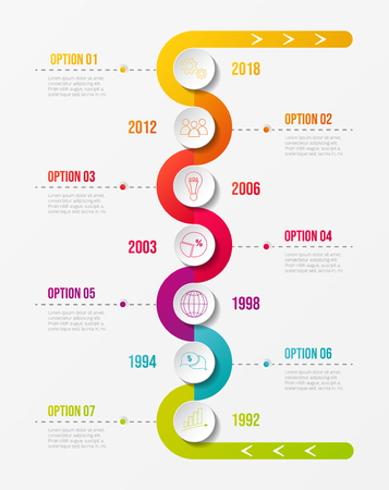 Colourful company timeline with round business icons. Vector.のイラスト素材