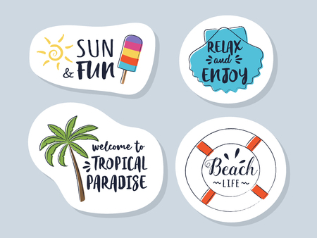 Multicoloured summer stickers with funny text. Vector.のイラスト素材