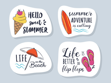 Multicoloured summer stickers with funny text. Vector.のイラスト素材