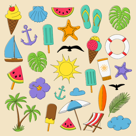 Big set of different hand drawn summer elements. Vector.のイラスト素材