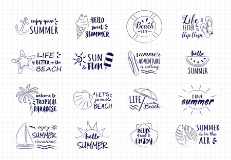 Hand drawn summer icons - big collection with funny text. Vector.のイラスト素材
