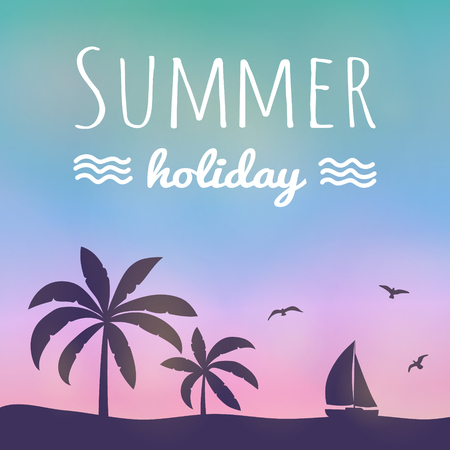 Summer paradise with palm trees - colourful banner with typography. Vector.のイラスト素材