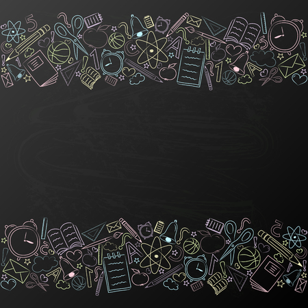 Background with school accessories on blackboard and copyspace - template of a poster. Vector.のイラスト素材