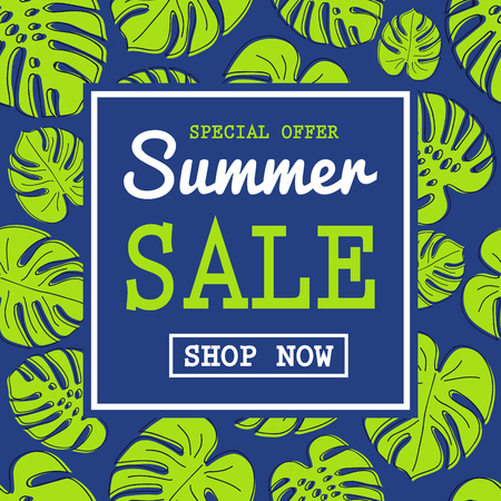 Summer Sale - poster with tropical leaves. Vector.のイラスト素材