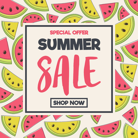 Summer Sale - colourful banner with hand drawn watermelon icons. Vector.のイラスト素材