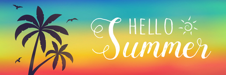 Summer typography with palm trees - colourful banner. Vector.のイラスト素材
